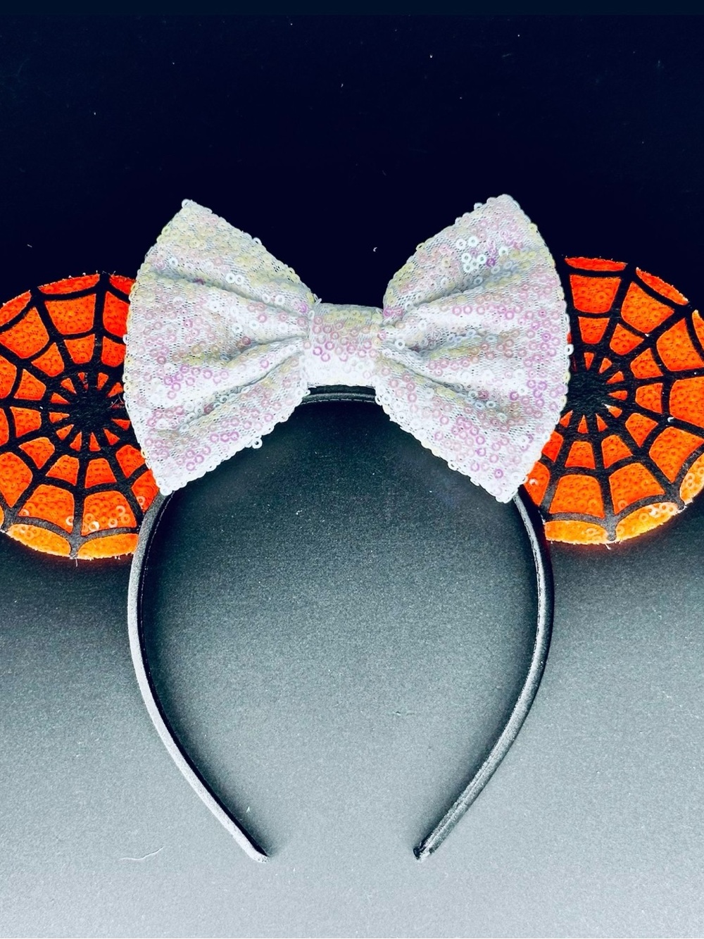 Halloween Orange/Blk Spider Web Mouse Ears/Headband with White Sequin Bow